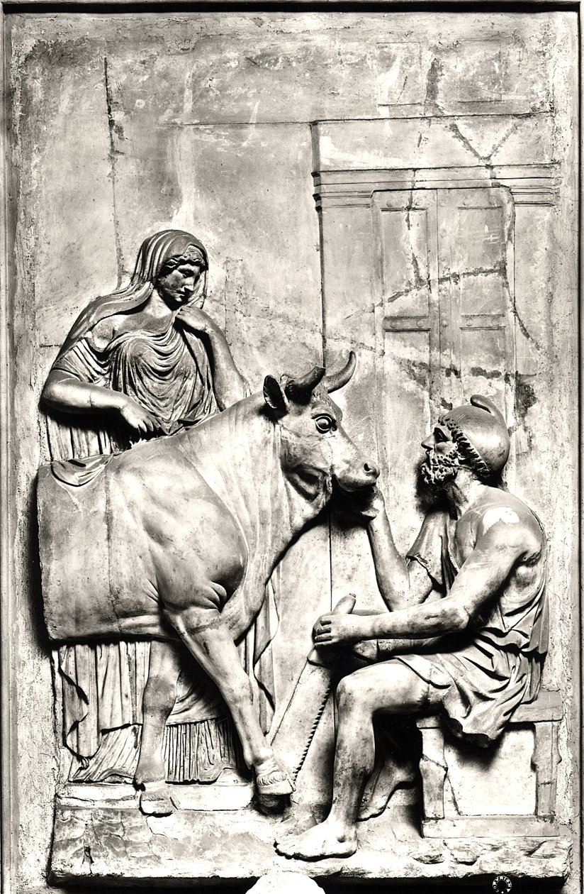 Daedalus construindo uma Vaca para Pasiphae, entre os séculos I e III d.C. (pedra) (foto a p/b) de Roman Roman
