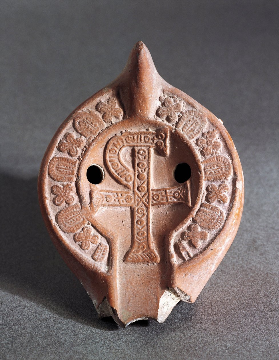 Candeeiro decorado com Chi-Rho, terracota de Roman Roman