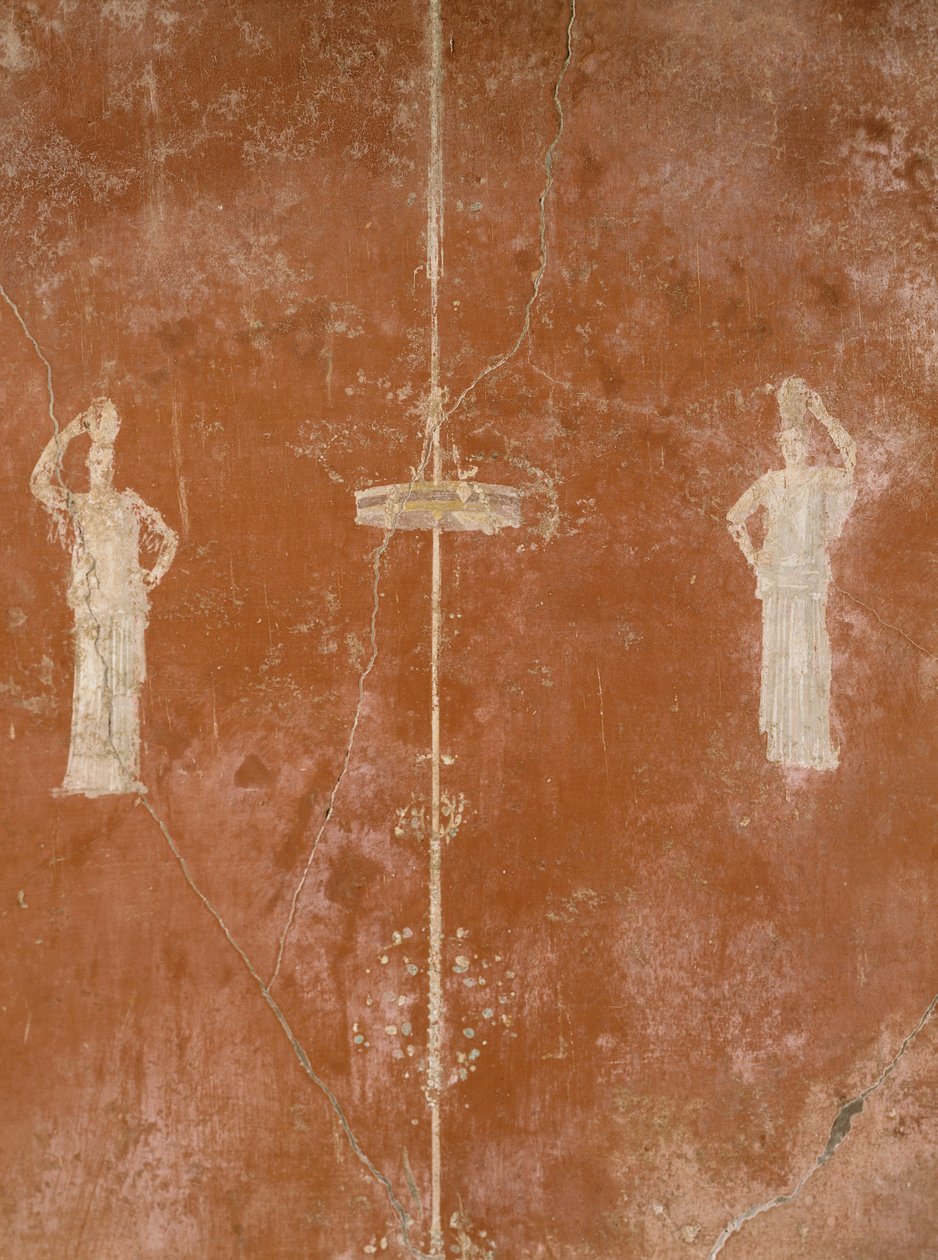 Decoração sobre fundo vermelho em terceiro estilo pompeiano, Casa de Sacerdus Amandus, Pompeia, Campânia, Civilização Romana de Roman Roman
