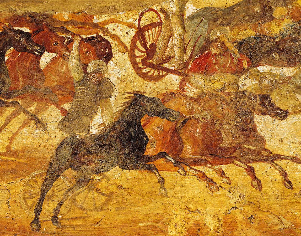 Pormenor de um fresco que retrata uma corrida de qurigas, de Pompeia, Itália de Roman Roman