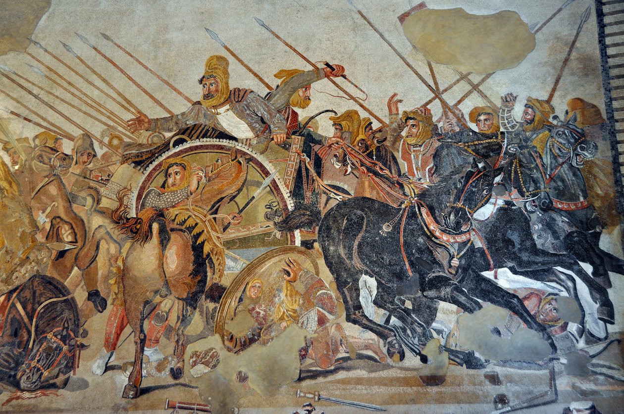Pormenor de um mosaico de Pompeia: Batalha de Issos entre Alexandre e Dario (século IV a.C.). - Rei Dario III Codomano (380-330 a.C.), desemparelhado na sua biga - opus vermiculatum - Museu Arqueológico de Nápoles, Itália - Museo Archeologico Nazionale, Na de Roman Roman