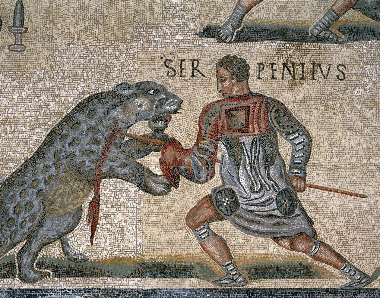Detalhe de um mosaico de um Gladiator Fight, originalmente da Torre Nuova de Roman Roman