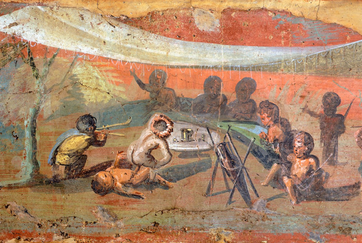 Pormenor de uma pintura representando uma cena em gesso ao longo do Nilo com pigmeus, 56x217 cm, de Pompeia, Património Mundial da UNESCO de Roman Roman