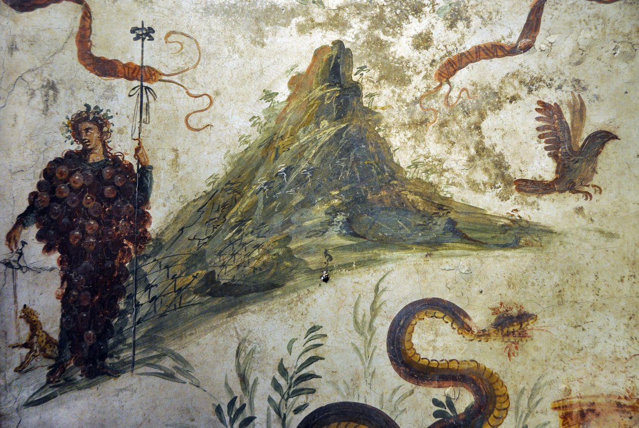 Dionysos vetu de cachos de uvas em frente ao Monte Vesúvio - Fresco de Pompeia, casa diel centenario (casa do centenário) - Nápoles, Museu Arqueológico Nacional de Roman Roman