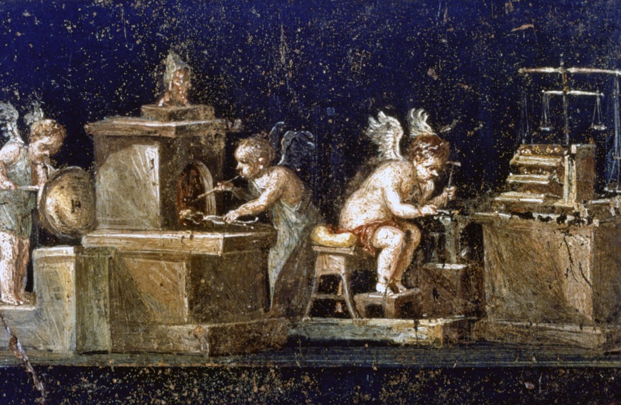 Escavações em Pompeia: Pintura mural da Casa dos Vetti mostrando cupidos como ourives, descoberta durante as escavações. Pompeia foi destruída pela erupção do Vesúvio em 79 d.C. de Roman Roman