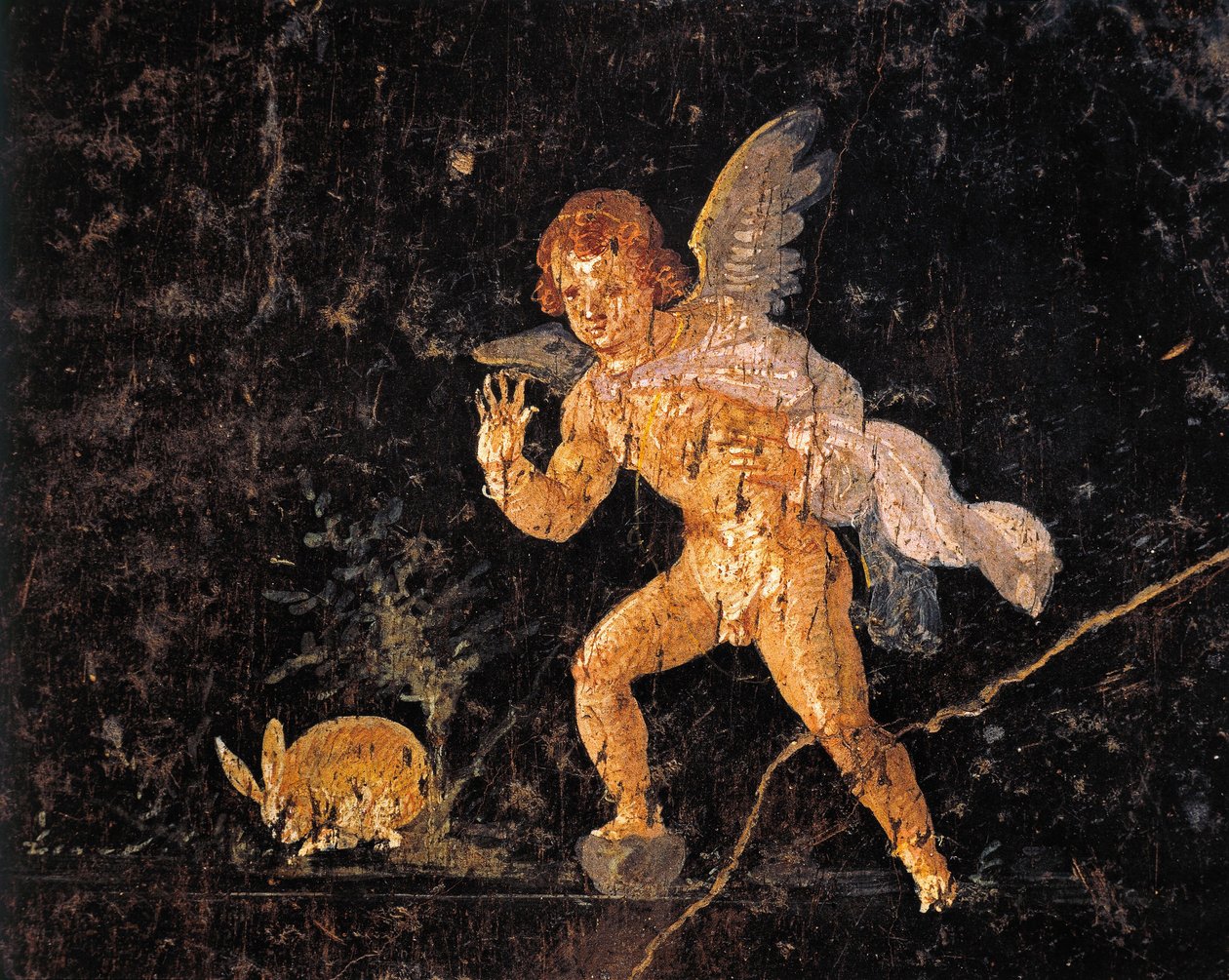 Fresco representando Cupido perseguindo lebre, de Pompeia, Itália de Roman Roman