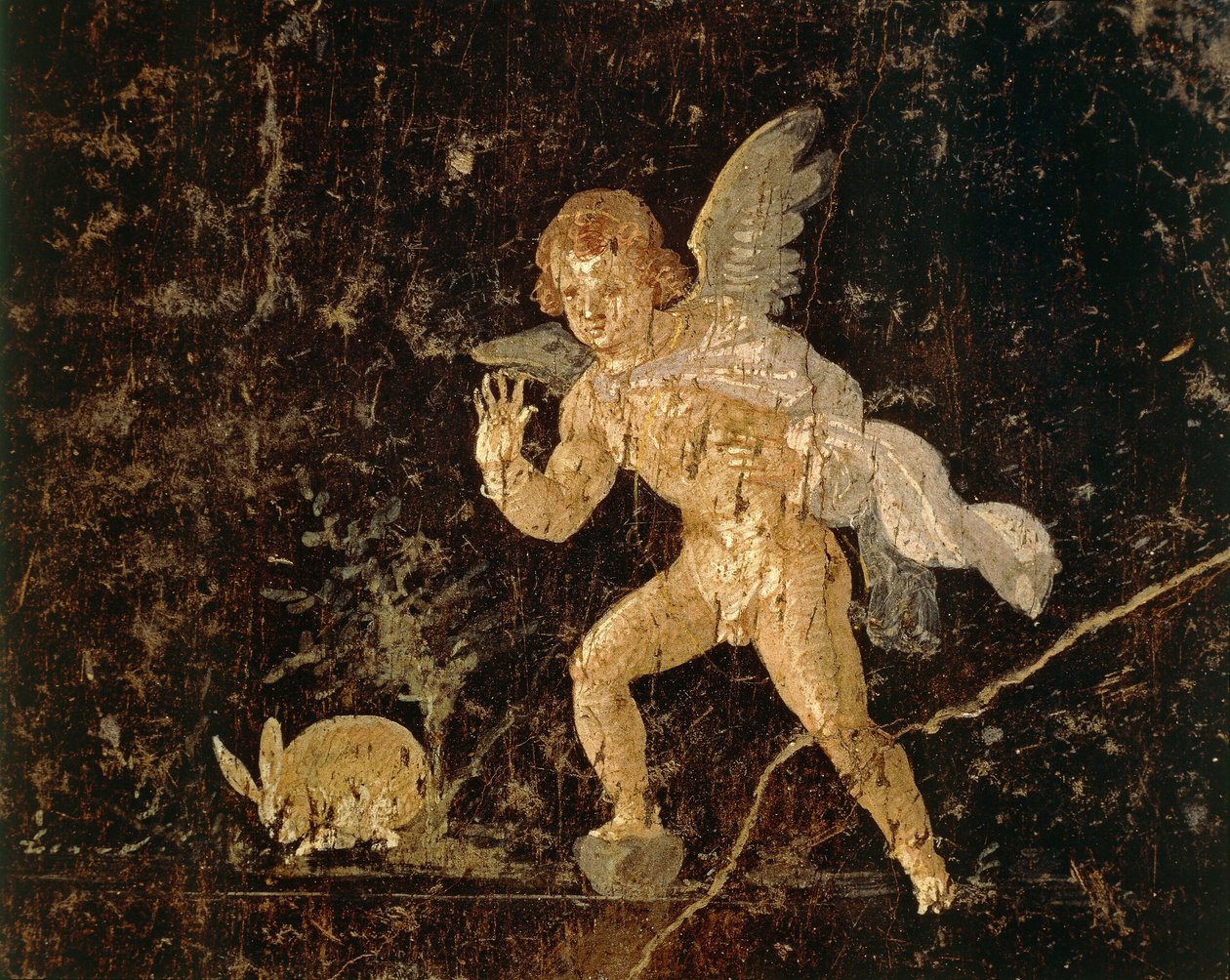 Fresco representando o Cupido caçando uma lebre de Pompeia, província de Nápoles, Itália, civilização romana de Roman Roman