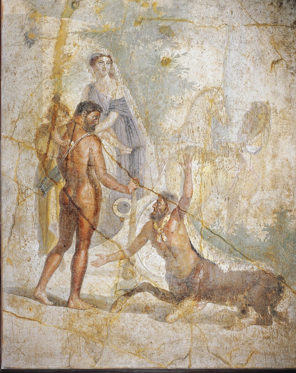 Fresco representando Hércules, Deianira e Hyllus a atravessar o rio Evenus de Pompeia, Itália de Roman Roman