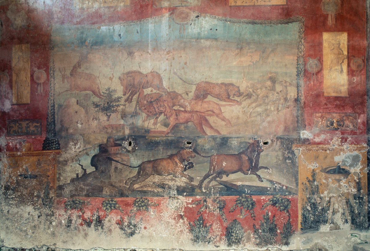 Afresco representando uma cena de caça, século II a.C. - século I d.C. (afresco) de Roman Roman