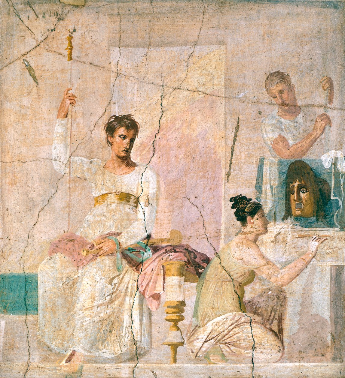 Fresco representando uma cena de teatro, da Basílica de Herculano (Património Mundial da UNESCO de Roman Roman