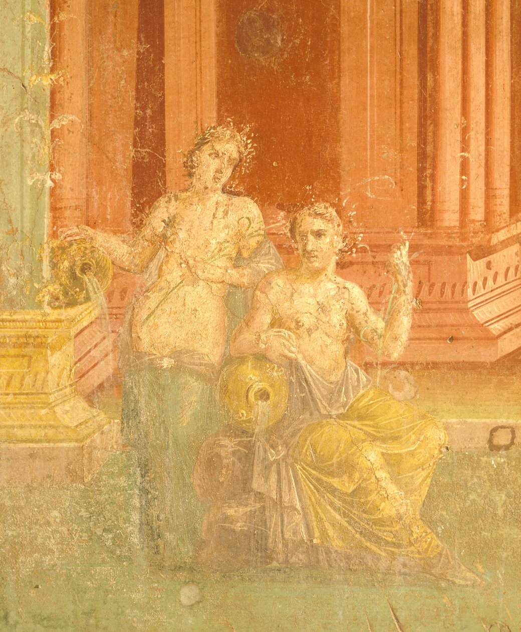 Fresco em quarto estilo pompeiano sobre fundo vermelho, Casa de Pinario Ceriale, Pompeia, Campânia, Civilização Romana de Roman Roman