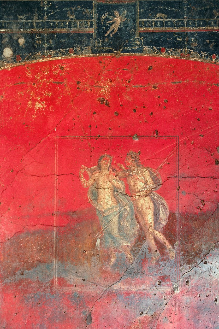 Fresco perto da Casa de Vettii representando duas personagens mitológicas, Pompeia (Património Mundial da UNESCO de Roman Roman
