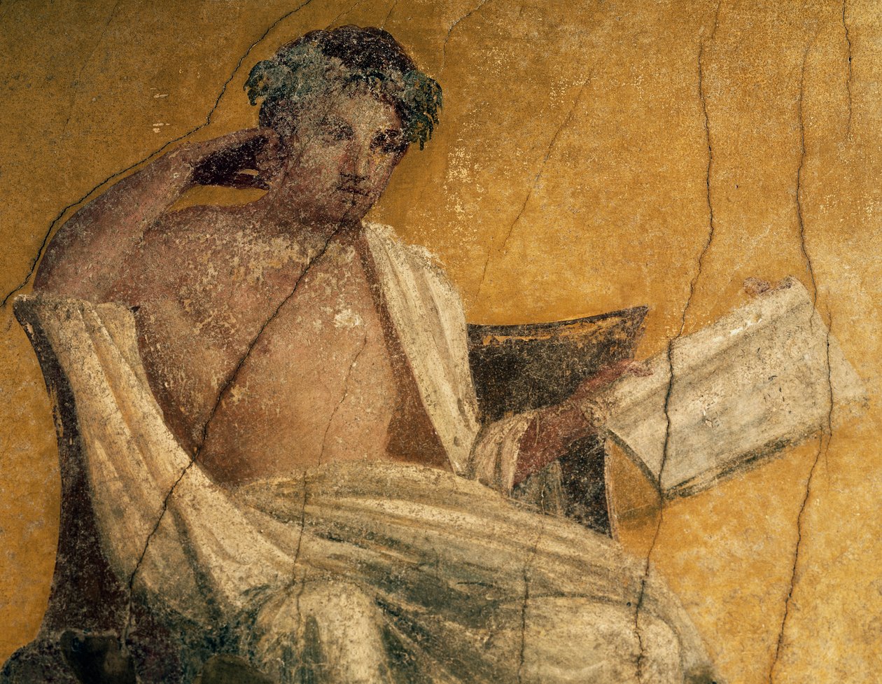 Dramaturgo grego Menandro, pormenor de um fresco, peristilo da Casa de Menandro, Pompeia, Campânia, Itália, civilização romana de Roman Roman