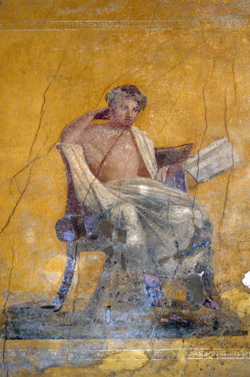 Poeta grego Menandro, fresco da Casa de Menandro, Pompeia (Lista do Património Mundial da UNESCO de Roman Roman