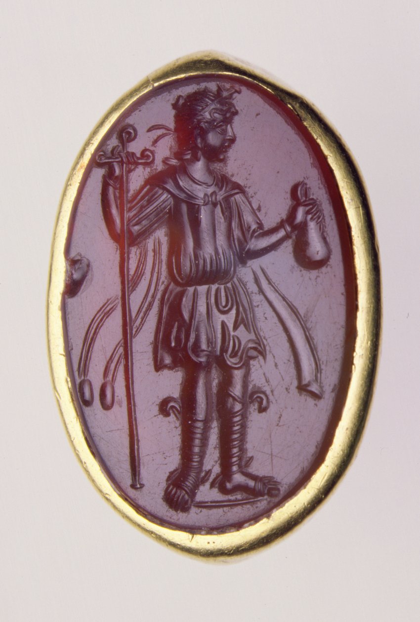 Intaglio inserido num anel de ouro que representa uma figura masculina jovem, século II a.C. (ouro e barba) de Roman Roman