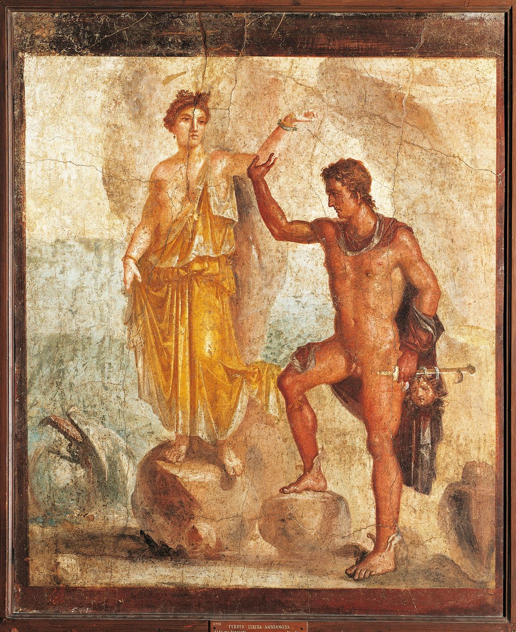 Itália, Campânia, Pompeia, Perseu libertando Andrómeda da Casa dos Cinco Esqueletos, fresco de Roman Roman