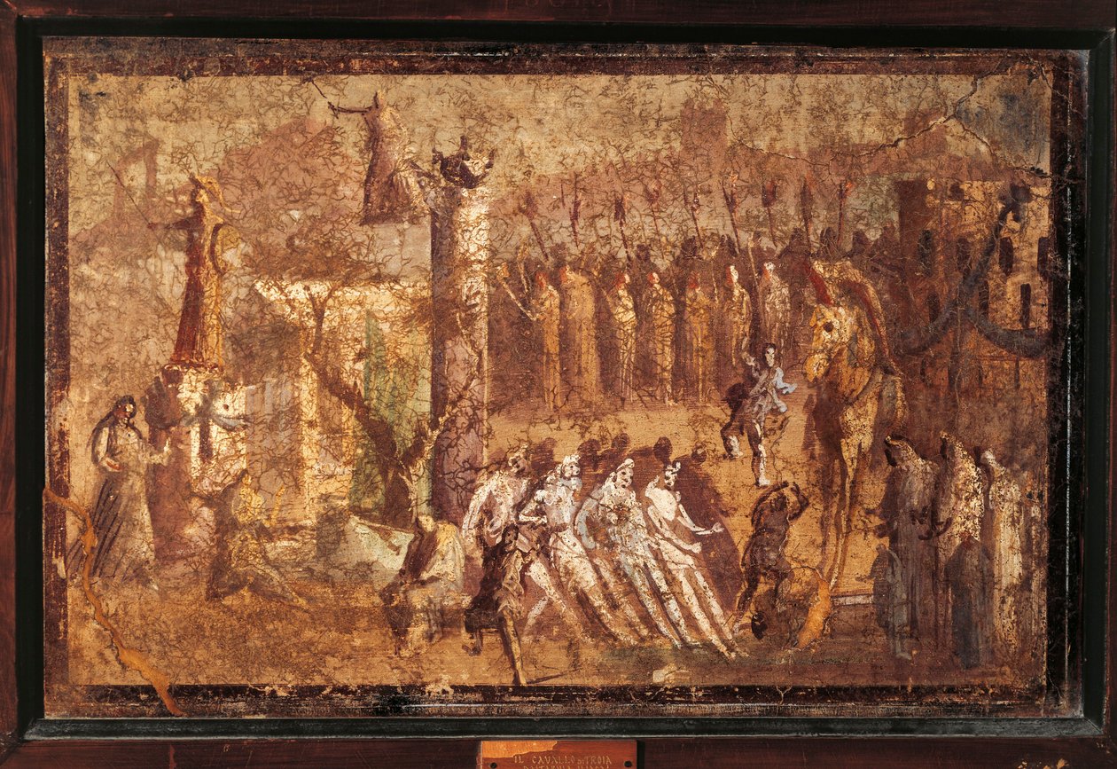 Itália, Campânia, Pompeia, O cavalo de Troia, fresco de Roman Roman
