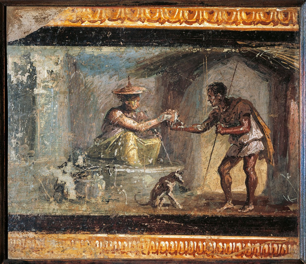 Itália, Campânia, Pompeia, O viajante e o mágico da Casa dos Dioscuri, fresco de Roman Roman