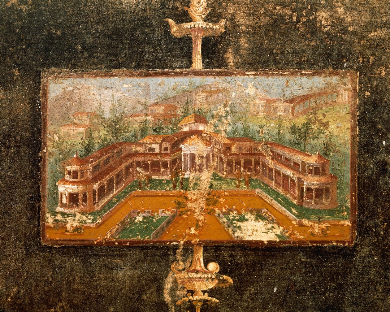 Paisagem e arquitetura em pintura mural em tablinum, 3.º estilo pompeiano, Casa de Marco Lucrezio Fronto, de Pompeia, Campânia, Itália de Roman Roman