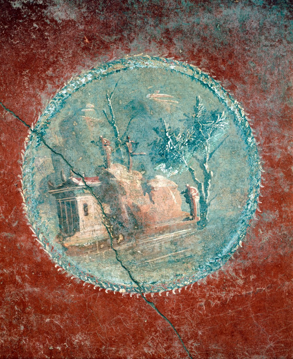 Medalhão com paisagem sobre fundo amarelo, fresco da Casa de Menandro, Pompeia, Campânia, Civilização Romana de Roman Roman