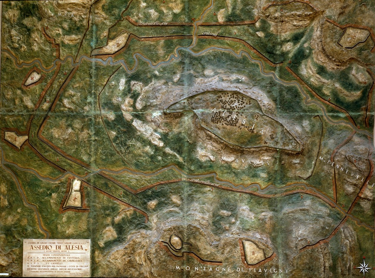 Modelo que reproduz o cerco e a batalha de Alesia em setembro de 52 a.C. por Jules Cesar que viu a derrota de Vercingetorix. Escala 1/1000. Roma, Museo della Civilta Romana de Roman Roman
