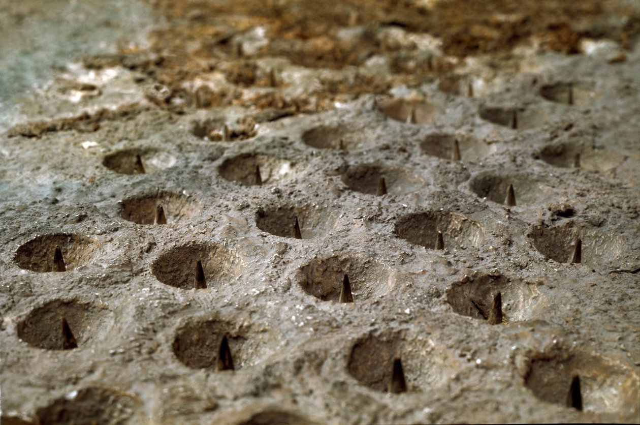 Modelo que reproduz o cerco e a batalha de Alesia em setembro de 52 a.C. por Jules Cesar que viu a derrota de Vercingetorix. Detalhe representando o sistema de defesa construído por César, o "Wolf Gules". Roma, Museo della Civilta Romana de Roman Roman
