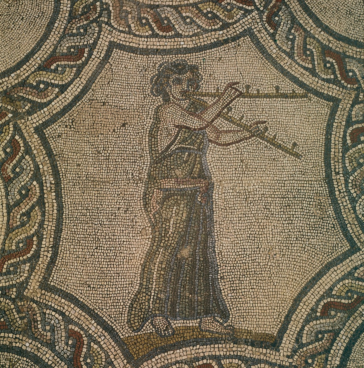 Mosaico representando flautista feminina da Casa de Dionísio, em Volubilis, Marrocos, Civilização Romana, de Roman Roman