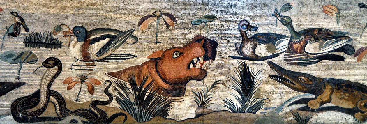 Friso em mosaico de Pompeia (casa da fauna, casa del Fauno - cena nilótica - vida animal no Nilo: hipopótamo, crocodilo, serpente, patos - arte romana - Museu Arqueológico de Nápoles, Itália - Museo Archeologico Nazionale, Nápoles, Itália - Foto Patrice Ca de Roman Roman