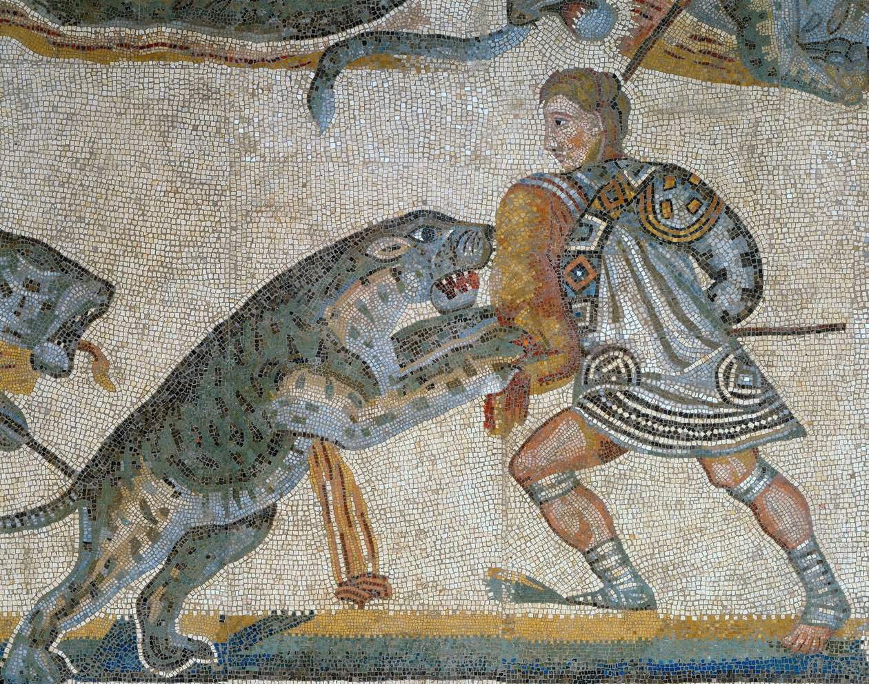 Mosaico, mostrando, um, cena, de, um, besta selvagem, caça, detalhe, de, um, gladiador, matança, um, selvagem, animal de Roman Roman