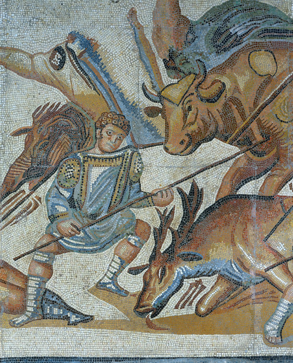 Mosaico, mostrando, um, cena, de, um, besta selvagem, caça, detalhe, de, um, gladiador, matança, um, animal de Roman Roman