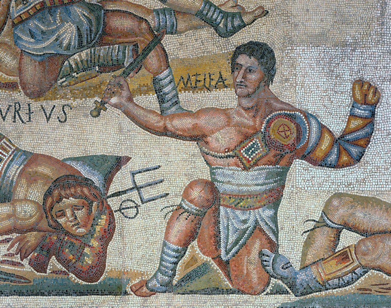 Mosaico mostrando uma cena de luta contra gladiadores, detalhe de um gladiador triunfante de Roman Roman