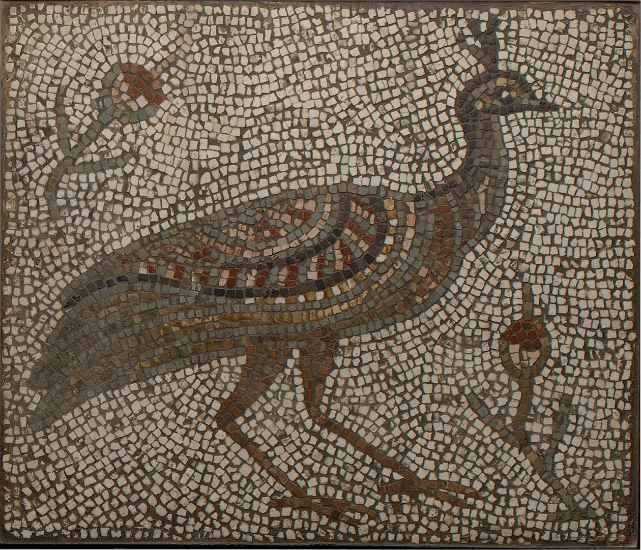 Mosaico com um pavão e flores, do século 3 a 4 (mosaico) de Roman Roman