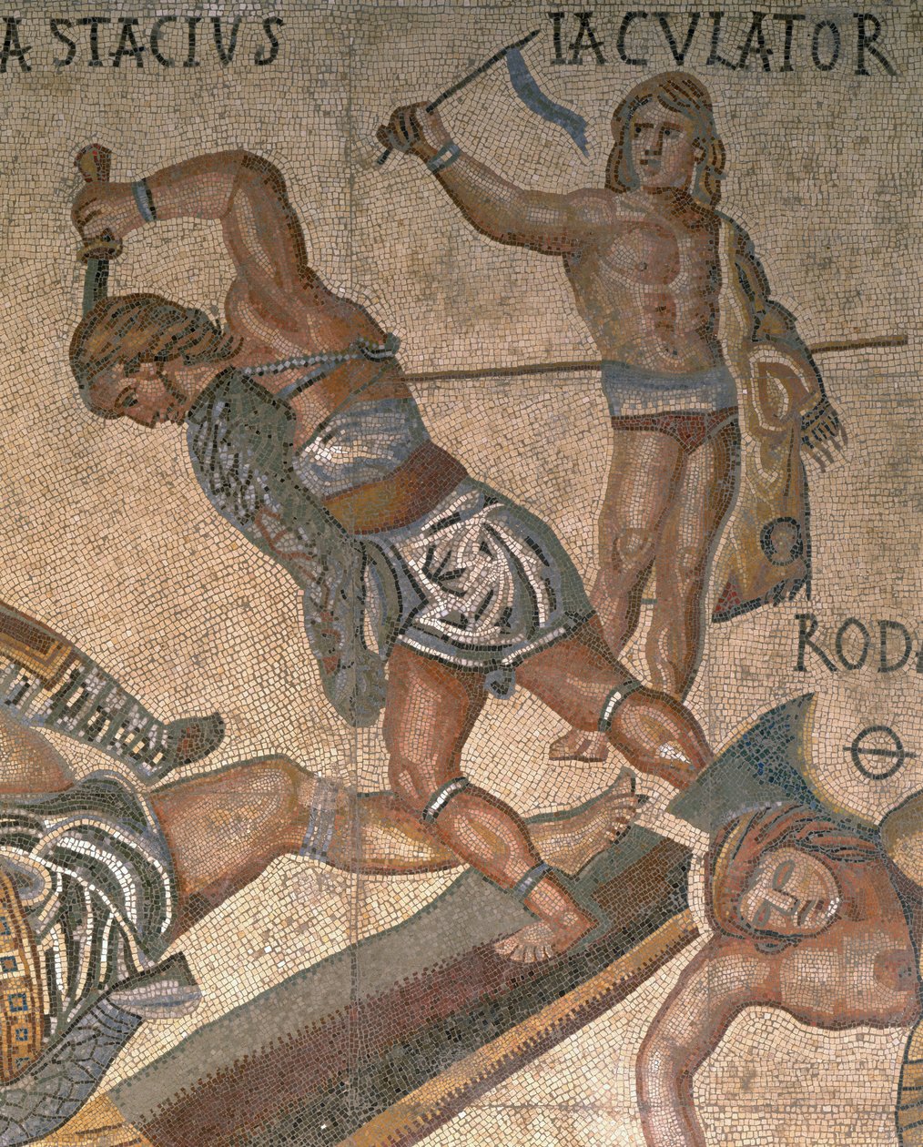 Mosaico, com, um, cena, de, luta, gladiadores, detalhe, de, um, gladiador, folheada, em, armadura de Roman Roman