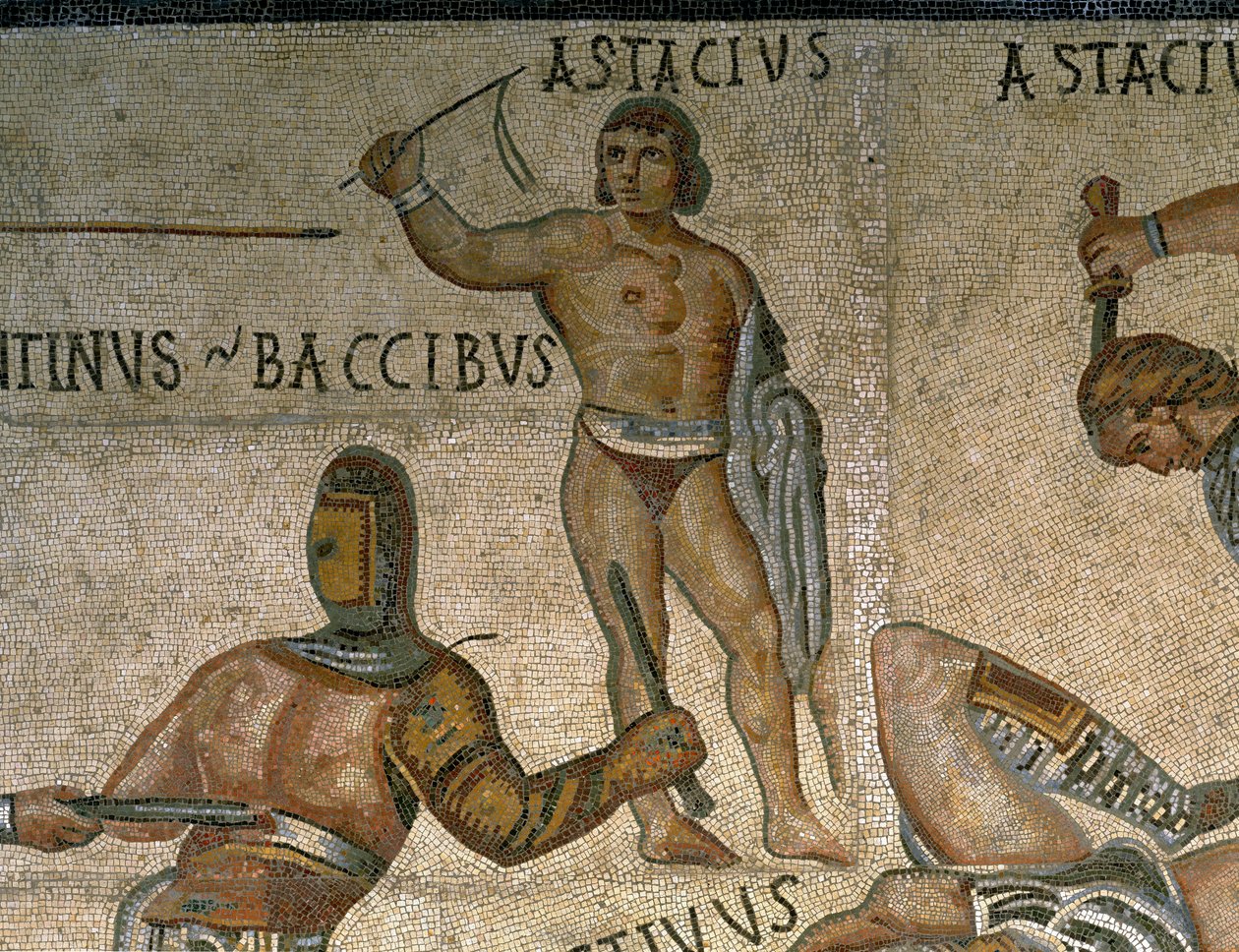Mosaico, com, um, cena, de, luta, gladiadores, detalhe, de, um, gladiador, folheada, em, armadura de Roman Roman