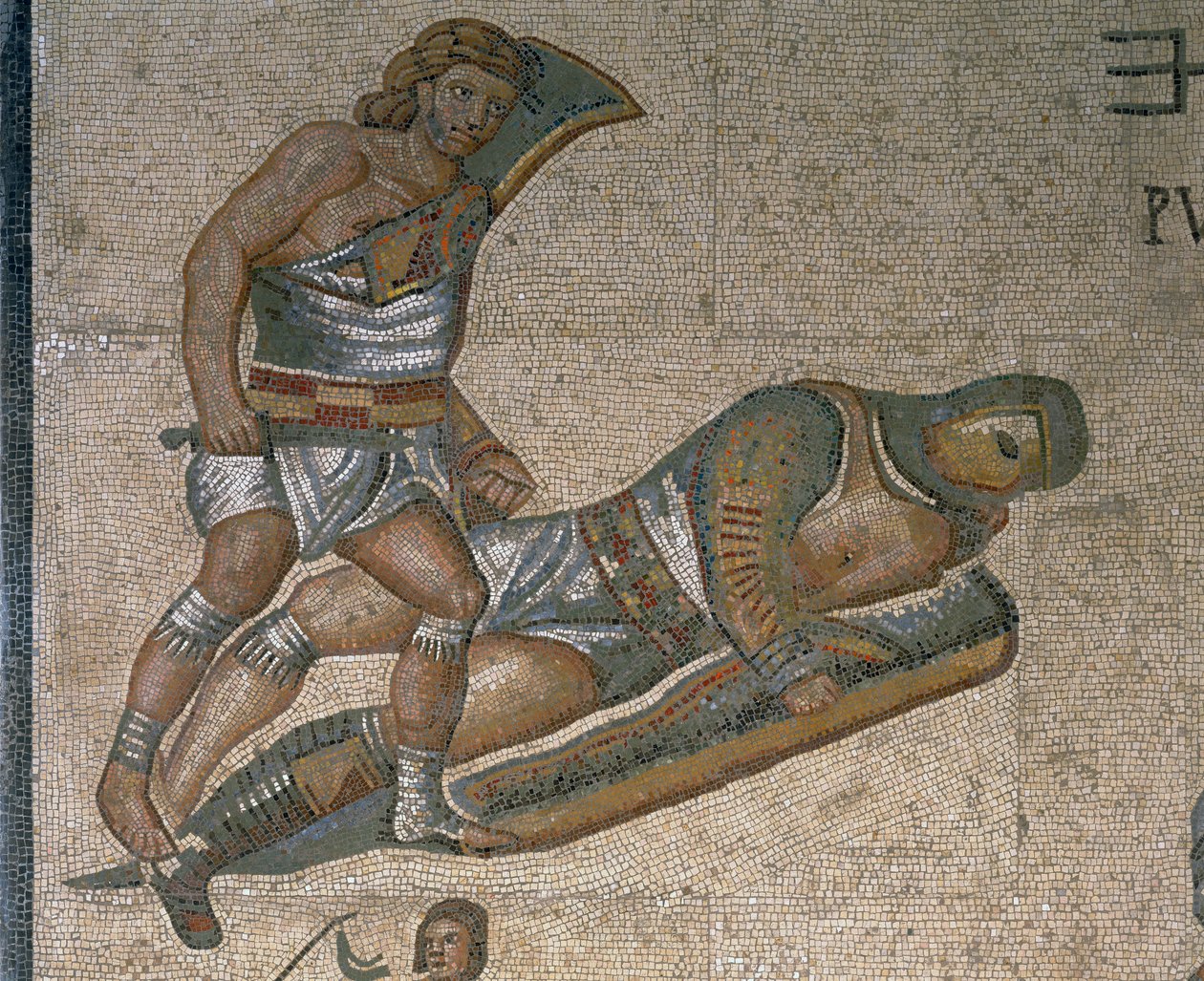 Mosaico, com, um, cena, de, luta, gladiadores, detalhe, de, um, gladiador, folheada, em, armadura de Roman Roman