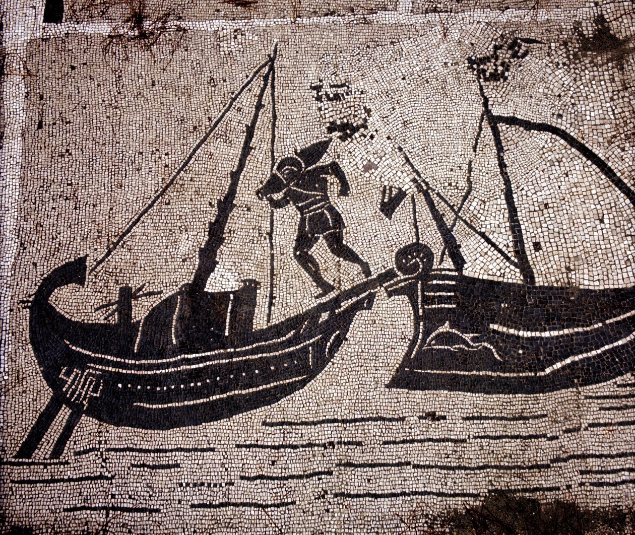 Ostia (Ostia) Antigo, Mosaico da Place des Corporations. Carregando um barco. de Roman Roman