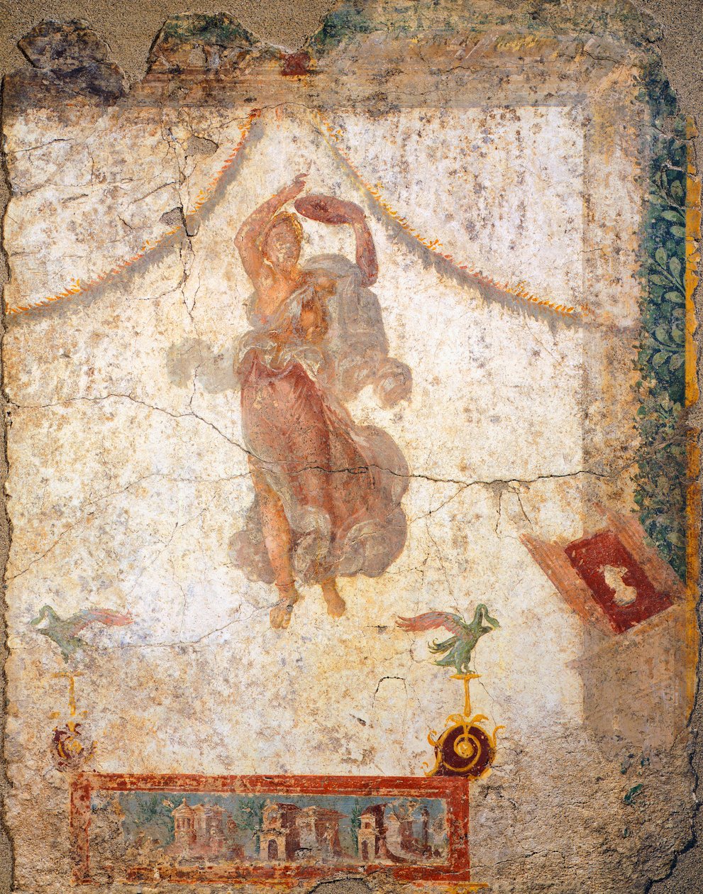 Pintura do quarto estilo pompeiano representando uma donzela voadora com um tamborim de Roman Roman