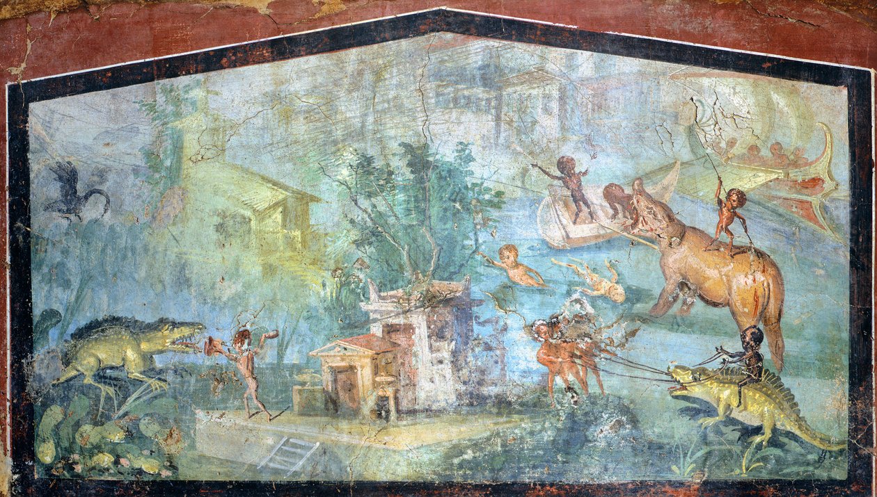 Pintura sobre gesso representando uma cena nilótica com pigmeus a atacar crocodilos e hipopótamos, 75x127 cm, de Pompeia (Património Mundial da UNESCO de Roman Roman