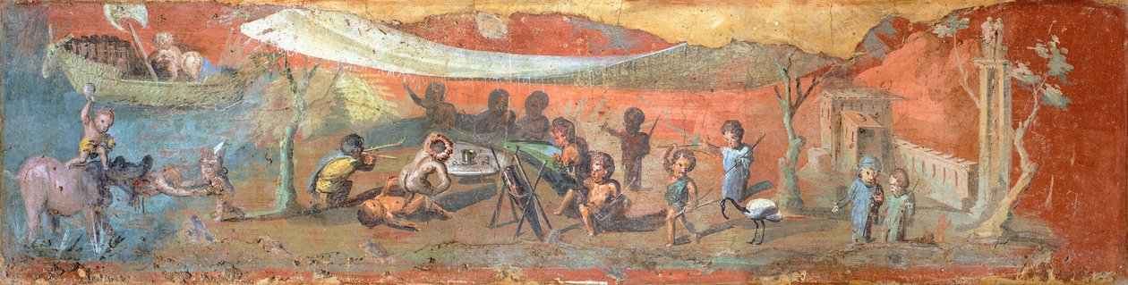 Pintura sobre gesso representando uma cena ao longo do Nilo com pigmeus, 56x217 cm, de Pompeia (Lista do Património Mundial da UNESCO de Roman Roman