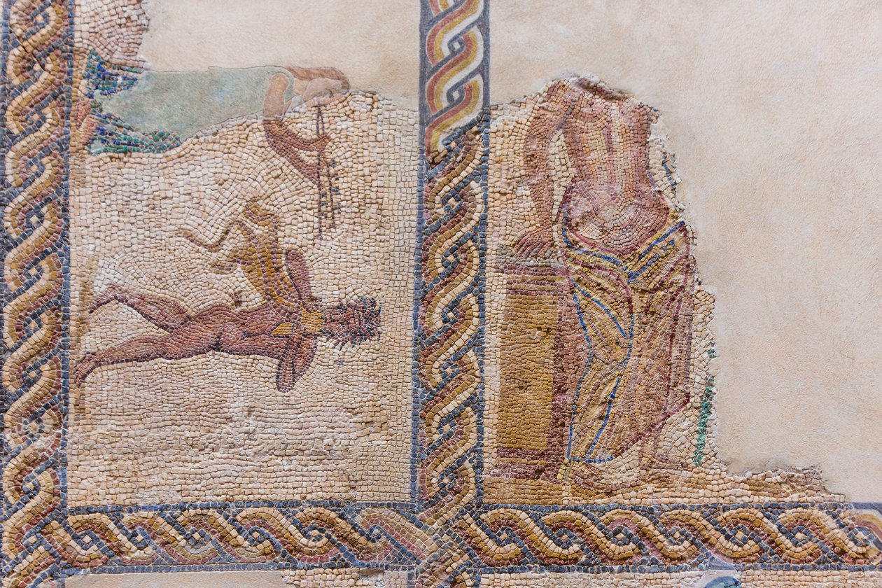 Mosaicos parcialmente danificados em exposição de Roman Roman