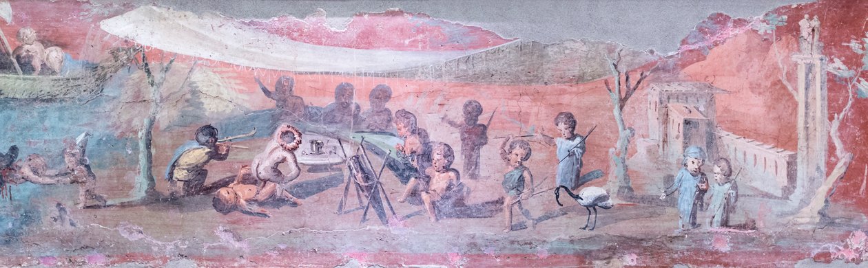 Pintura de cama Triclinar com cenas de pigmeus, 50-79 d.C., pormenor (fresco) de Roman Roman