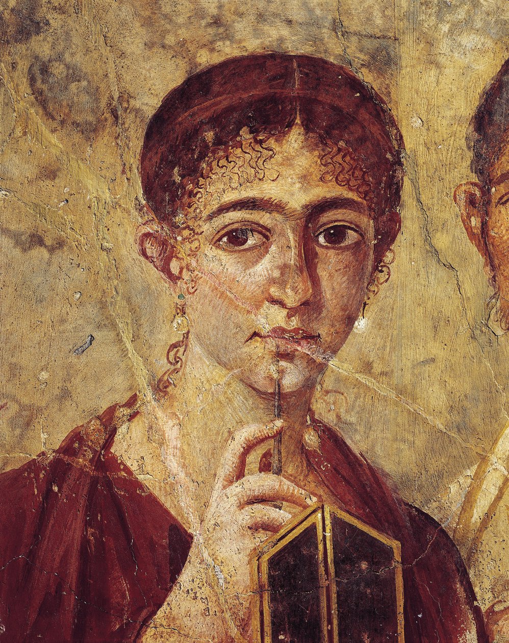 Retrato do padeiro Terentius Neo e da sua mulher em trajes formais, pormenor da mulher com o estilete e díptico aberto de Itália, Campânia, Pompeia, 55-79 d.C., pintura sobre gesso de Roman Roman