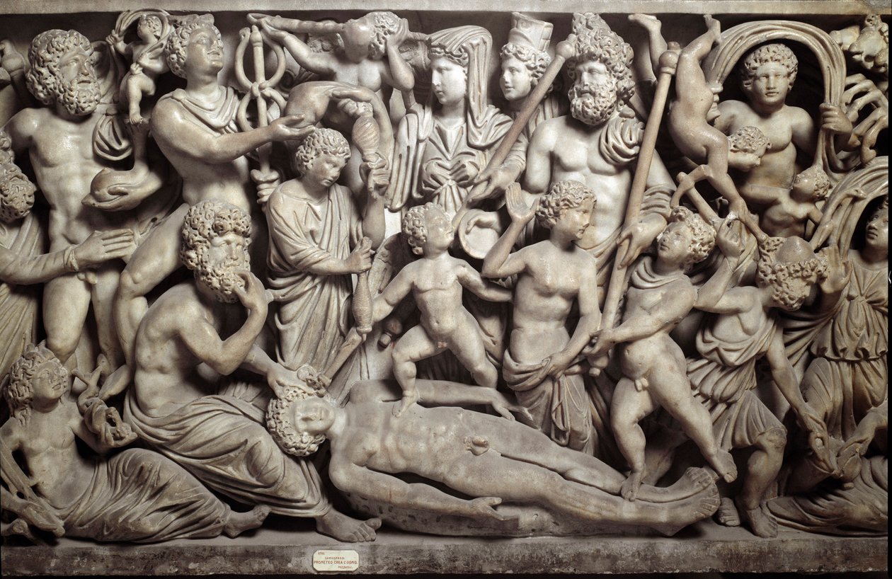 Prometeo criou o uomo: Promethee criando o primeiro homem. Sarcófago com representação do mito de Promethee. Com os personagens da mitologia grega e romana: Promethee, Psyche, pequenos amores, Hermes, deus psicopopata, Parques (Gabinetes), Poseidon, de Roman Roman