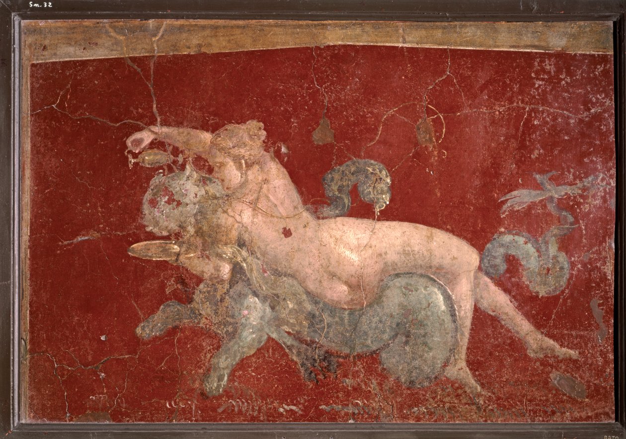 ARTE ROMANA: Nereida sobre uma pantera marinha a quem entrega uma bebida num copo baixo (fresco) de Roman Roman