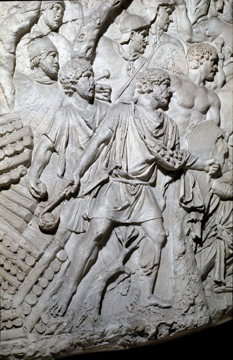 Arte Romana: "Guerreiros dacianos usando um lançador de pedra (lança) durante a Primeira Guerra em Dacia" Molde de 1862 reproduzindo os baixos-relevos da coluna de Trajano (Colonna Traiana) em Roma construída durante o reinado do Imperador Trajano (53-117) de Roman Roman