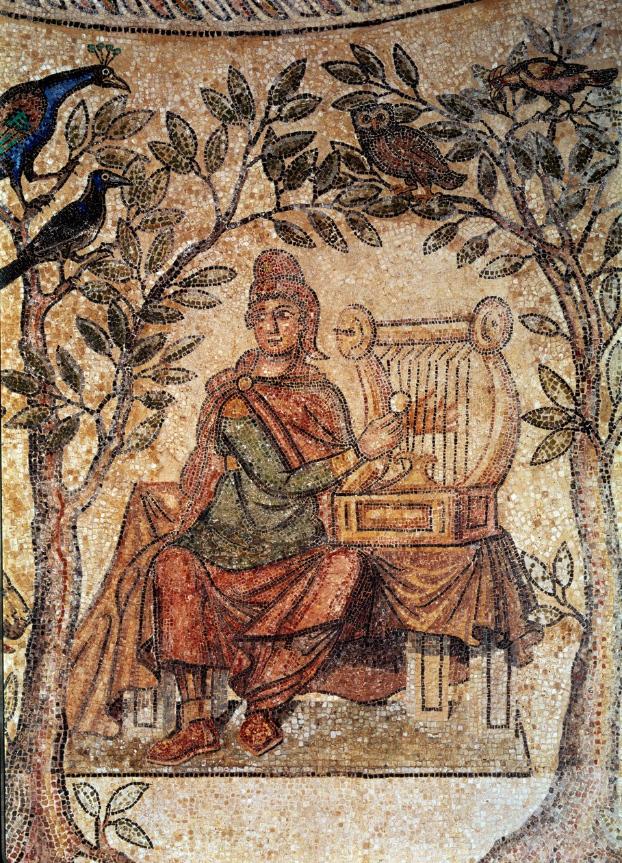 Arte Romana: Pássaros encantadores Orphee. Mosaico de Blanzy-les-Fisms. Lyon, Museu de Belas Artes de Roman Roman