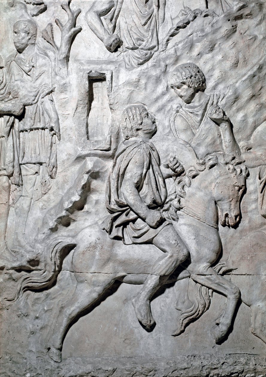 Arte Romana: "um cavaleiro numid rider acreditou" Molde de 1862 reproduzindo os baixos-relevos da coluna de Trajano (Colonna Traiana) em Roma construída durante o reinado do Imperador Trajano (53-117). A coluna Trajane comemora a câmara vitoriosa de Roman Roman