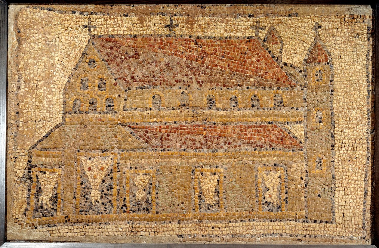 Arte Romana: mosaico de uma basílica representada em perspectiva, segunda metade do século V, Próximo Oriente - Paris, Musee du Louvre - Arte Romana: mosaico de Qabr Hiram perto de Tiro, na Fenícia, de uma igreja bizantina (paleocristã) do início do século de Roman Roman