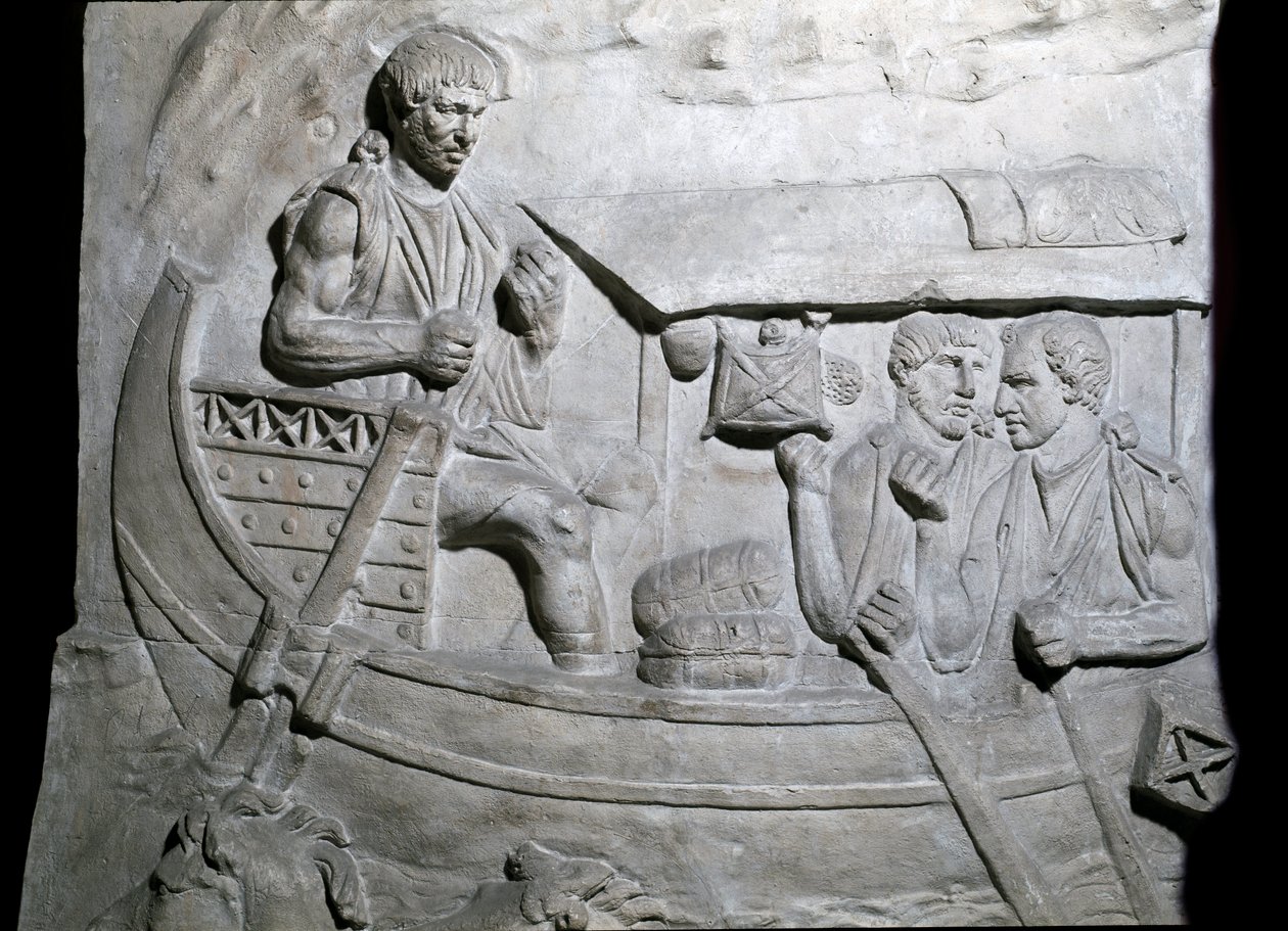 Arte romana: "Soldados romanos em um navio durante a primeira guerra em Dacia" Molde de 1862 reproduzindo os baixos-relevos da coluna de Trajano (Colonna Traiana) em Roma construída durante o reinado do Imperador Trajano (53-117). A coluna de Trajano comem de Roman Roman