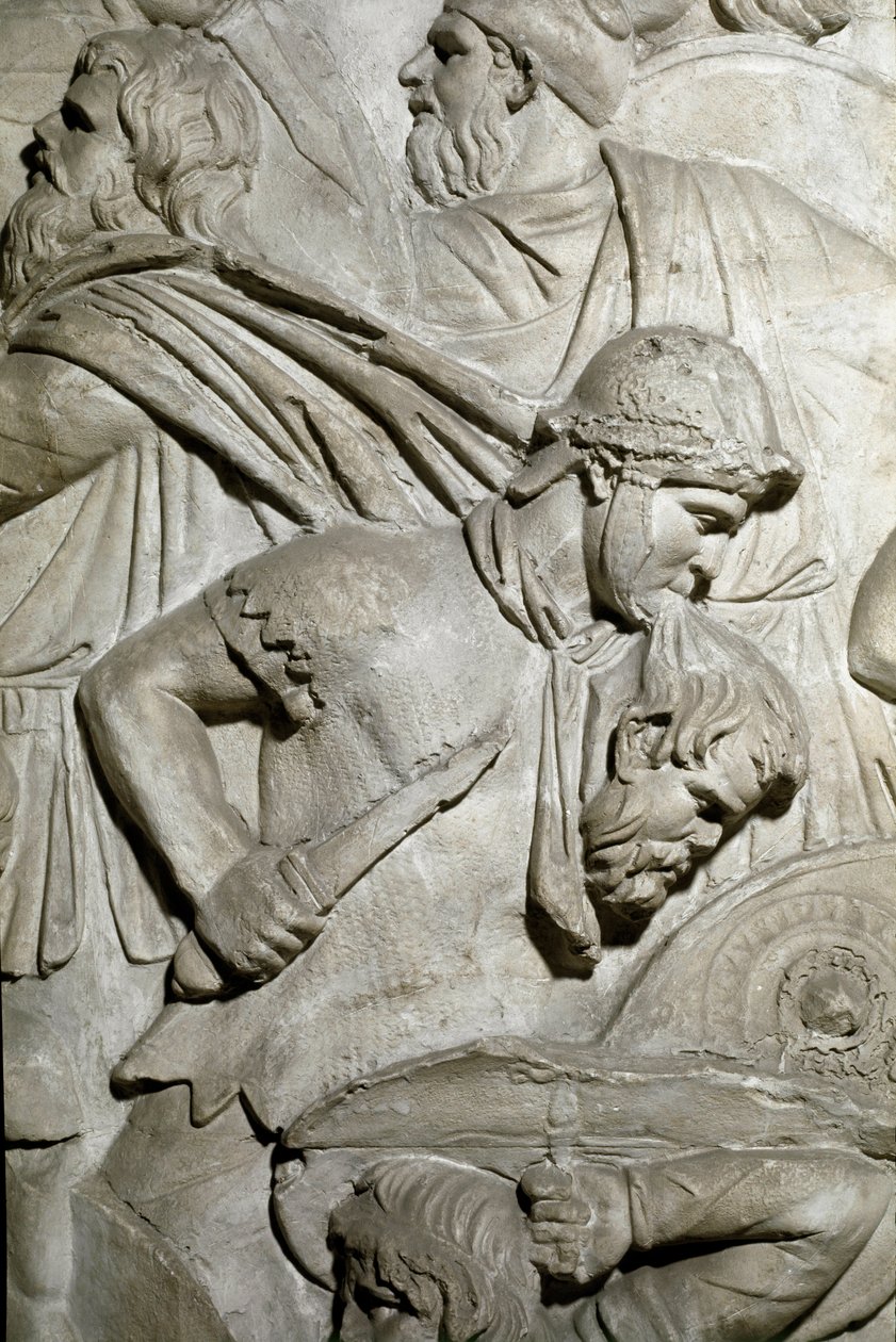 Arte romana: "Guerreiro romano segurando entre seus dentes a cabeça de um guerreiro inimigo" Molde de 1862 reproduzindo os baixos-relevos da coluna de Trajano (Colonna Traiana) em Roma construída durante o reinado do Imperador Trajano (53-117). O Trajano de Roman Roman